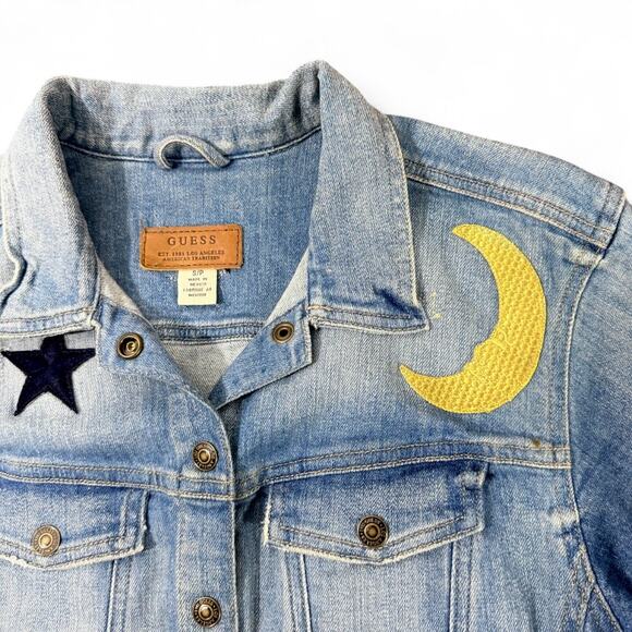 GUESS Cropped Frayed Denim Jacket S USA Cactus Patches‎ Boho Festival 90sRevival - Picture 3 of 13
